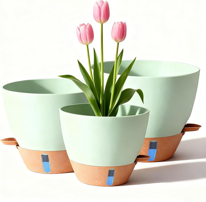 8/9/10 Inch Large Self Watering Pots, Plastic Flower Pots with Multi Mesh Drainage Holes and Water Level Indicator & Deep Reservoir for Indoor Outdoor Garden Plants and Flowers (Green)
