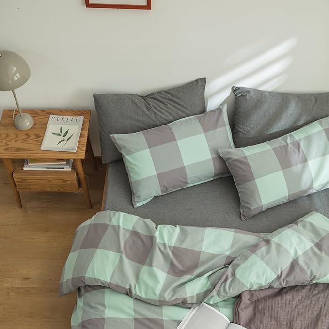FACE TWO FACE Bedding Duvet Cover Set100% Washed Cotton Duvet Cover Linen Like Textured Breathable Durable Soft Comfy (California King, Light Green Grid)
