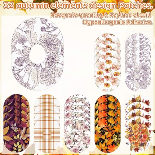 Geiserailie 32 Pcs Fall Adhesive Patches Compatible with Dexcom G7 Over Patches Waterproof and Sweatproof Sensor Cover Thanksgiving Flexible and Breathable Pre-Cut Tape Stickers