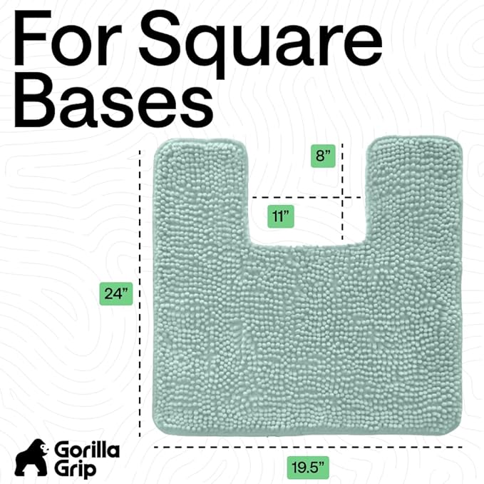 GORILLA GRIP Plush Absorbent Shaggy Chenille Bath Rug Mat for Square Toilet Base with Rubber Backing, Machine Washable Rugs, Soft Microfiber Contour Mats for Toilets, Bathroom Decor, Seablue