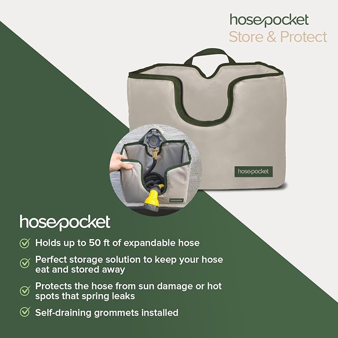 Expandable Garden Hose Holder by Hose Pocket – Store Your Expandable Garden Hose Neatly and Simply – Size Large Designed For 50-100 ft. Hose (Large)