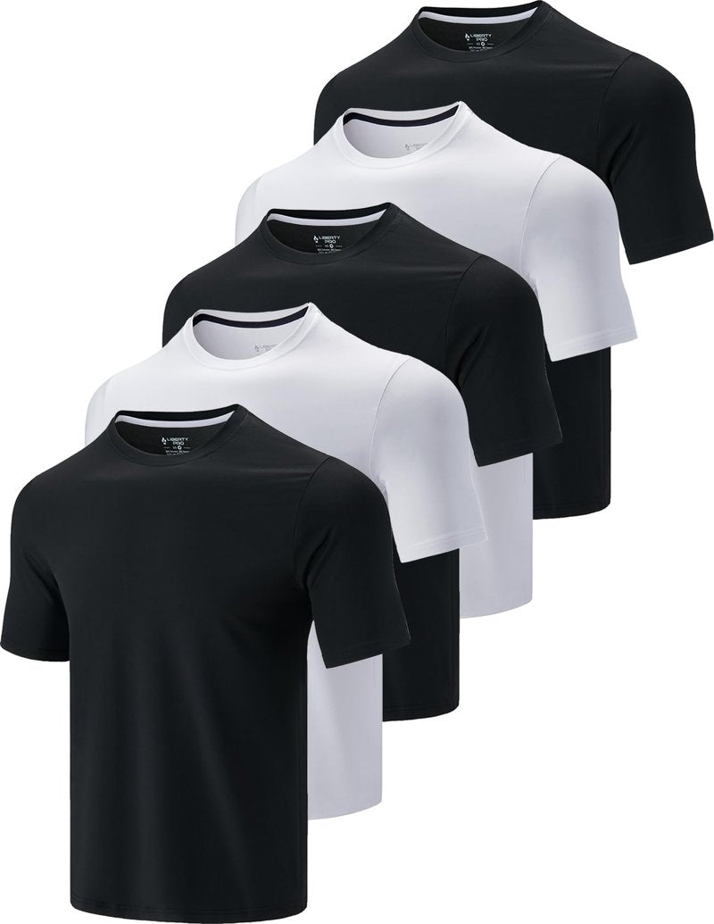 5 Pack Men’s Active Quick Dry Crew Neck T Shirts | Athletic Running Gym Workout Short Sleeve Tee Tops Bulk (Set 15, Medium) Black/White