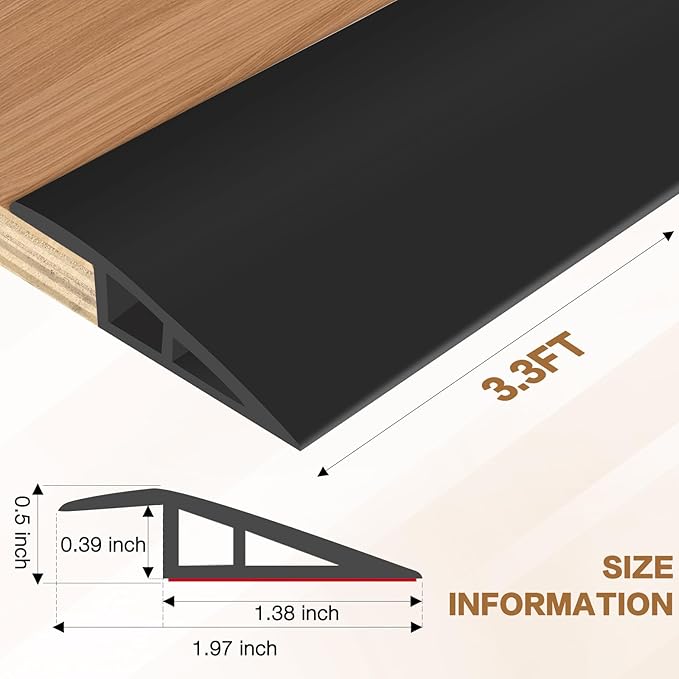 Floor Transition Strip Vinyl Door Threshold Ramp Self Adhesive Carpet Edging Strip Doorway Edge Trim, Overlap Edge Reducer for Laminate Carpet, Floor, Tile (Black, 1/5" to 2/5", 3.3Ft)