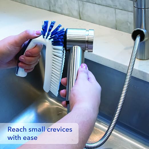 Unger Multi-Purpose Counter and Fixture Scrub Brush, Non-Slip Small Household Cleaning Supplies, Removes Dirt and Grime from Bathroom Sinks, Kitchen Countertops, and Faucets