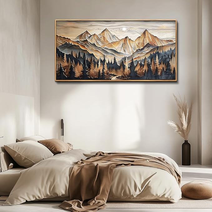 QIYILEXWART Wood Farmed Large Wall Decor For Living Room Canvas Wall Art For Office Modern Wall Decorations For Bedroom Mountain Landscape Painting Abstract Pictures Artwork Room Home Decor 24x48 In
