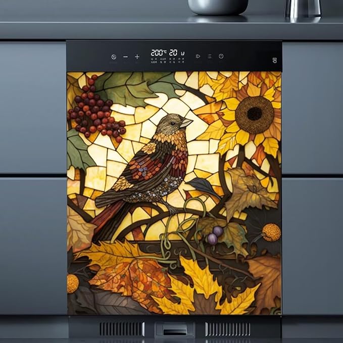 Stained Glass Bird Dishwasher Door Panel Decal Cover, Stained Glass Art Dishwasher Full Door Cover Sunflower Grape Dishwasher Sticker - 23" W x 26" H Ordinary