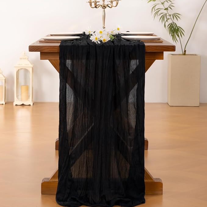 Socomi 10pcs Black Cheesecloth Table Runner Boho Rustic Gauze Fall Thanksgiving 120 inch 10FT Cheese Cloth Runner for Wedding Party Baby Shower Birthday Home Decor Holiday Decorations