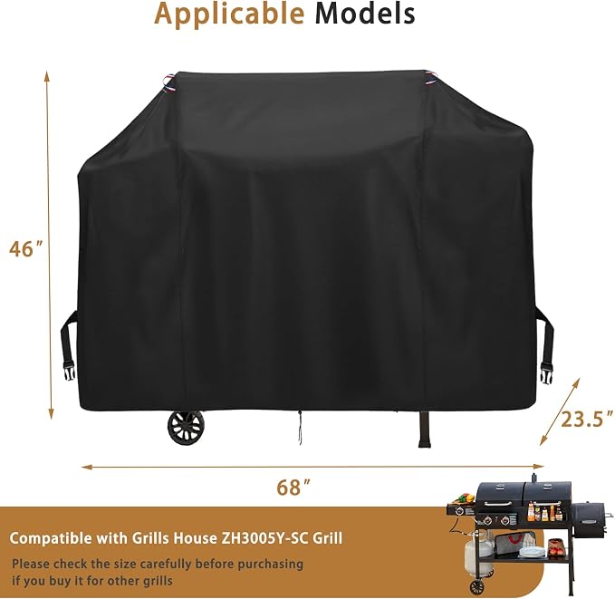 BBQ Grill Cover for Grills House ZH3005Y-SC 2-Burner Gas and Charcoal Combo Grill, Waterproof 600D Outdoor Propane Barbecue Covers Smoker Covers- 68" L x 23.5" W x 46" H