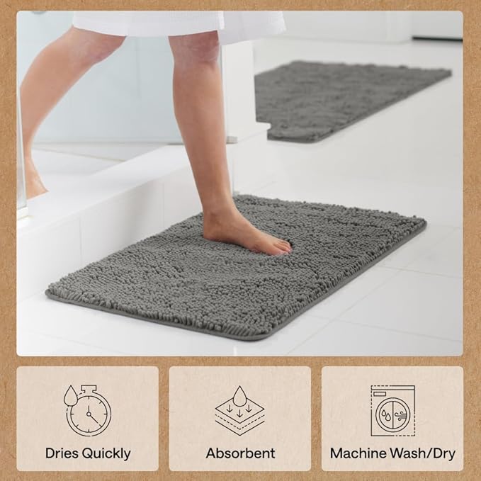 GORILLA GRIP Bath Rug Mat 60x24, Soft Absorbent Chenille, Quick Dry Microfiber Mats, Rubber Backing Washable Shower Floor Rugs, Bathmat Runner, US Designed Bathroom Home Decor Accessories Charcoal