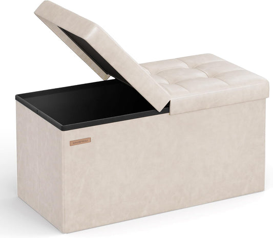 HAUSFRAU - 30 Inches Storage Ottoman Bench with Flipping Lid, Foldable Storage Chest Foot Rest for Living Room, Bedroom, Entryway, Load 660 lb, Synthetic Leather, Ivory