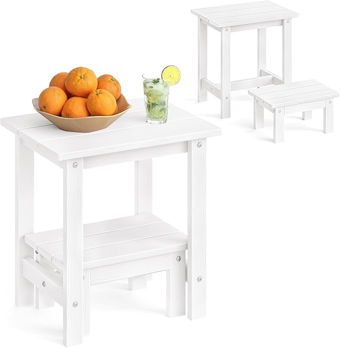 LUE BONA Outdoor Side Table, 2-Tier HDPS Outdoor Nesting End Table with Removable Small Foot Stool for Patio, Deck, Poolside, Low Maintenance & Weather Resistant, White
