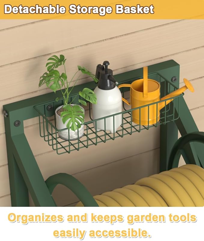 Artigarden Triangle Wall Mounted Garden Hose Reel, Outdoor Heavy-Duty Water Hoses Holder Winder, Holds 125 Ft of 5/8-Inch Hose, with 3.9 ft Leader Hose, Brass Fitting, Storage Basket for Yard, Green
