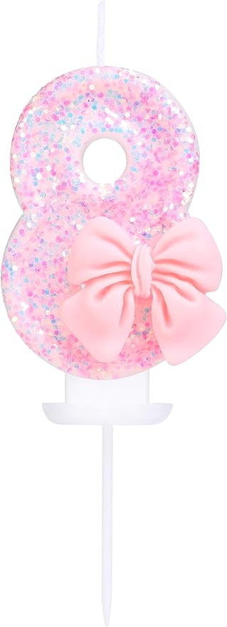 8 Birthday Candle Pink Sequins and Bowtie Number 8 Candle Birthday Girl Pastel Sweet Theme 8th Birthday Party or Adults Milestone Age Decoration