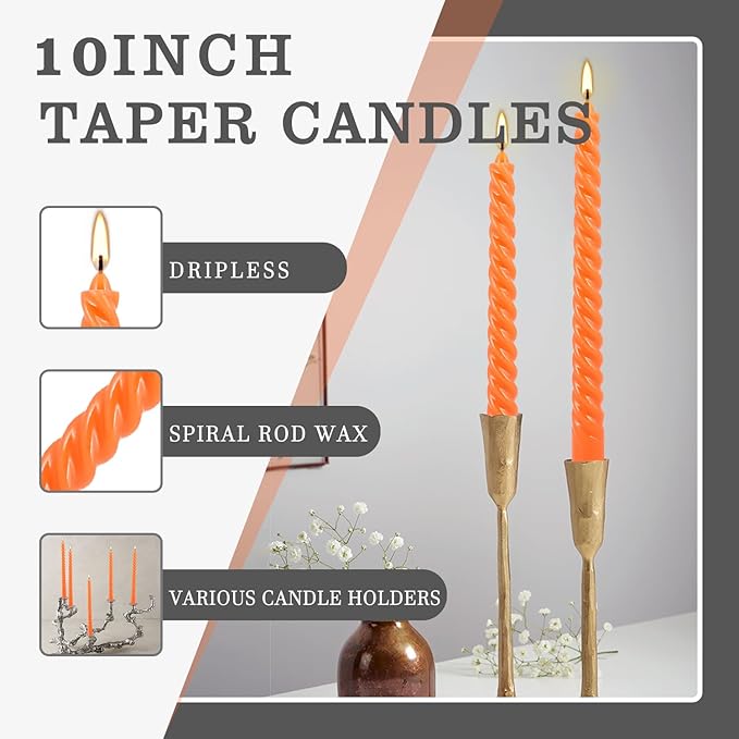 12Pack 10 Inch Orange Spiral Taper Candles，Unscented and Long Burning Dripless Twisted Candlesticks for Home Fall Decor,Halloween,Wedding, Birthday, Christmas
