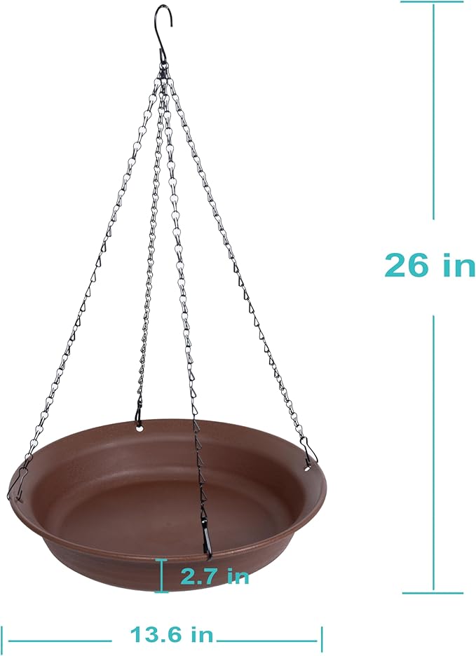 VUWEZ Hanging Bird Bath, Hanging Bird Water Feeder for Outdoors, Feeder Bowl, 1 Pack Birdbath Tray Accessories for Outside, Plastic Birdbaths Tray for Garden Patio Decoration (14", Chocolate)