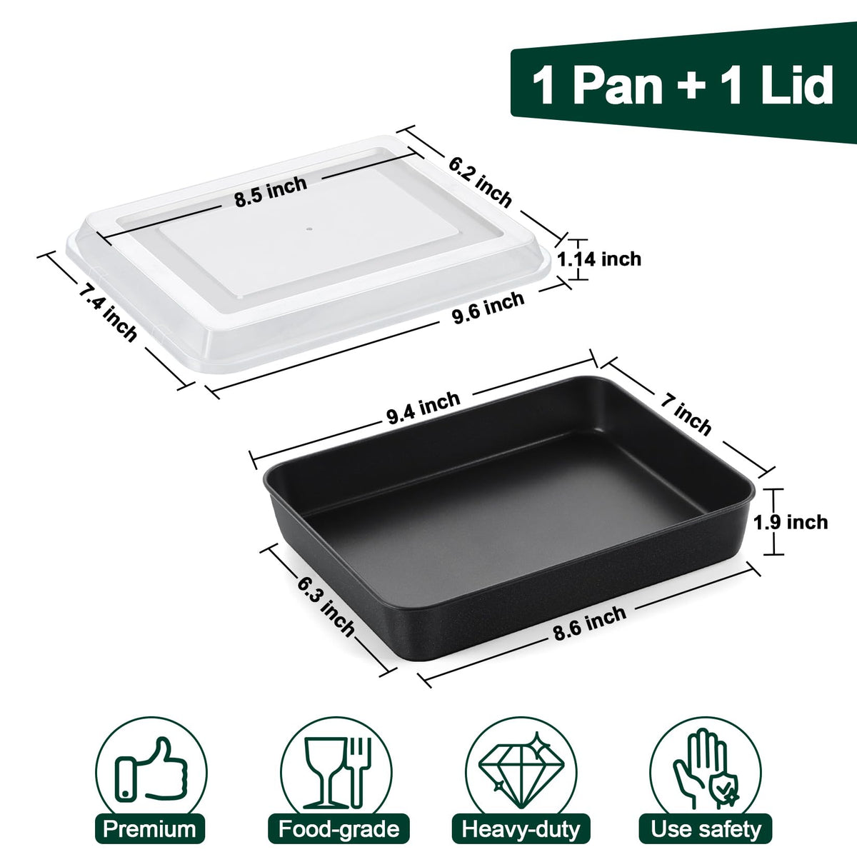 P&P CHEF Toaster Oven Pan with Lid, Nonstick Cake Lasagna Pan Rectangular Tray for Baking Roasting Storing, Stainless Steel Core & Plastic Cover, Oven & Freezer Safe, (9.4 Inch, 2Pcs)