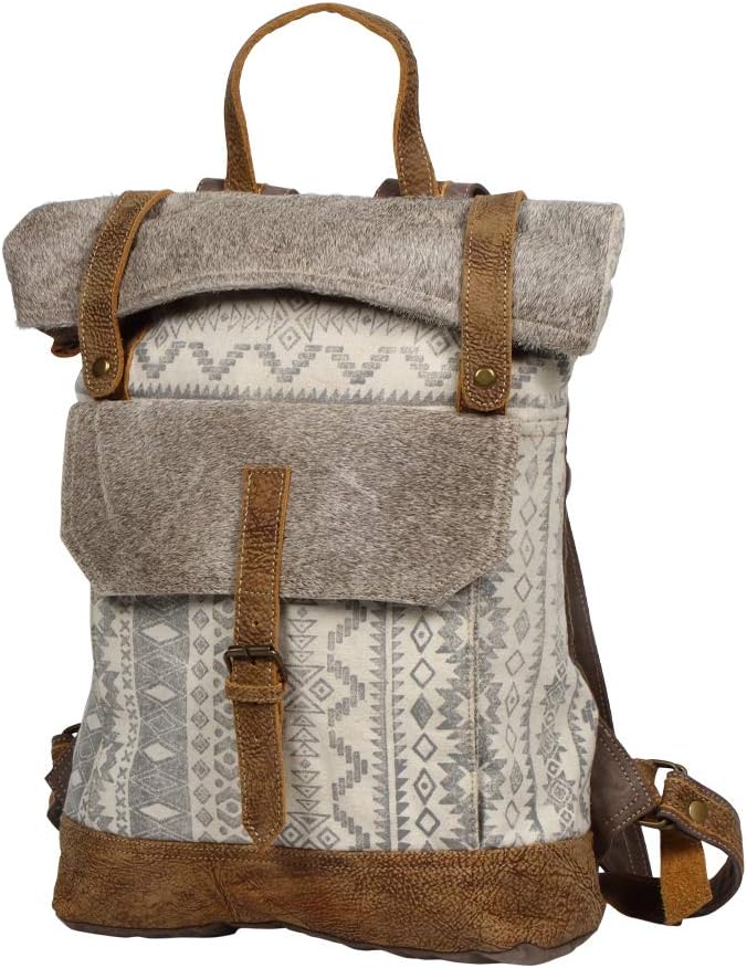 Myra Bag Classy Leather & Upcycled Canvas Backpack S-1237, 13.5" W x 19" H x 4.5" D, Ivory, Brown