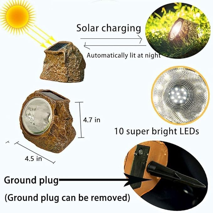 EiGreen 4 Pack Solar Garden Rock Lights Outdoor Decorative, 10 LED Waterproof Yard Pathway Lights,Solar Spot Lights Outdoor, for Ideal for Garden Walkway Pathway Patio