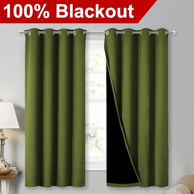 NICETOWN 100% Blackout Curtains 54" Long, Olive Green, 1 Pair, Double-Deck