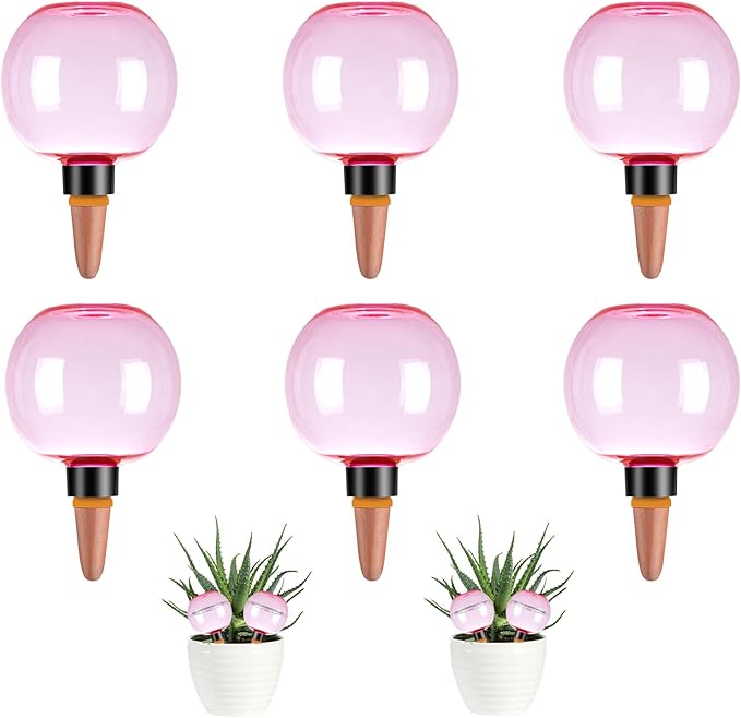 6 Pack Self Watering Globes 17oz Large Plant Watering Globes Top Fill, Self Water Planter Insert Indoor/Outdoor Plastic Water Bulbs Slow Release Terracotta for Plants, Pink