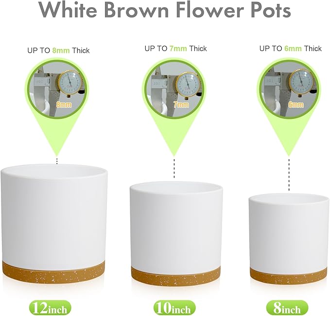 12/10/8 inch Large Flower Pots, 3 Pack Cylinder Deep Plant Pots for Outdoor Indoor Plants, Tall Plastic Planters with Drainage Holes and Saucers for Garden House Plants, White with Brown