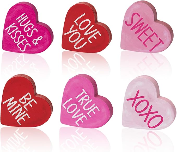 Smile Valentine's Day Heart - Shaped Wooden Block Decor, Be Mine XOXO Sweet & More Love Phrases, Valentine Indoor Decoration