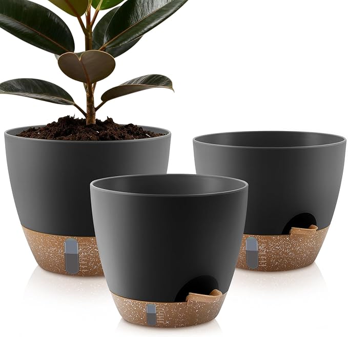 QRRICA 12/10/9 Inch Self-Watering Plant Pots with Water Level Indicator, Drainage Holes & Saucers – Large Plastic Planter Set for Indoor & Outdoor Plants(Black)