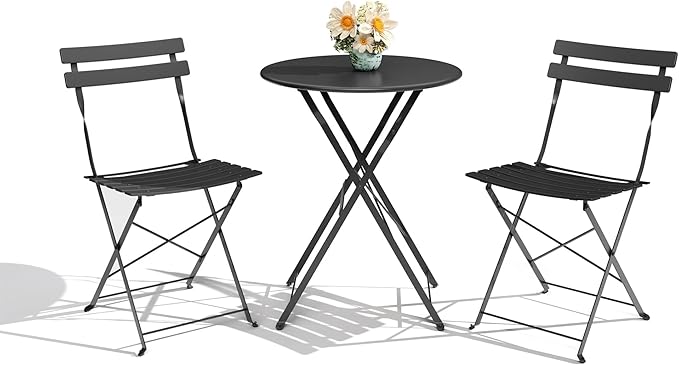 3-Piece Folding Bistro Set, Outdoor Patio Furniture Set with 2 Chairs & 1 Table, Space-Saving Foldable Balcony Garden Set with Heavy-Duty Powder-Coated Steel Frame, No Assembly Required, Black