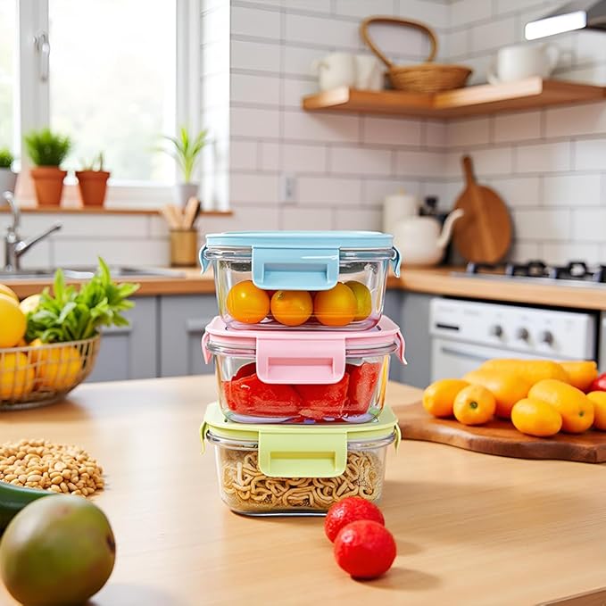 8PC Square Glass Containers With Lids, Glass Square Meal Prep Containers Set, 2 Cup Clear Small Food Containers For Soup Snack fruit, Microwave, Dishwasher, Freezer Safe - (4 color)