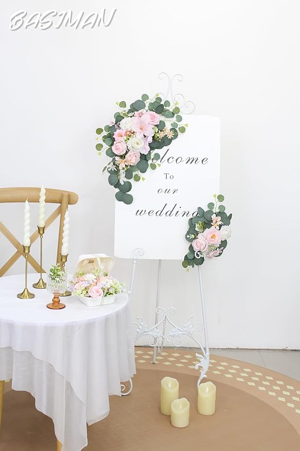 2pcs Wedding Arch Flowers,Wedding Artificial Sign Flower,Welcome Easel Door Decor Wall swags for Reception Backdrop Table Decorations Welcome Sign (Light Pink)