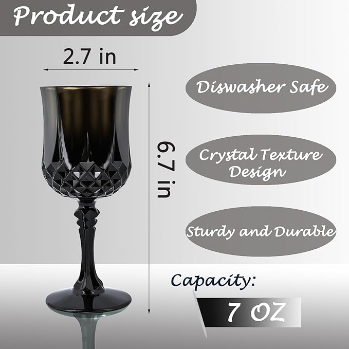 Plastic Wine Glasses，Plastic Goblets Vintage Style Cordial Drinking Glasses for Wedding Reception, Grand Event Party Supplies (48, Black)