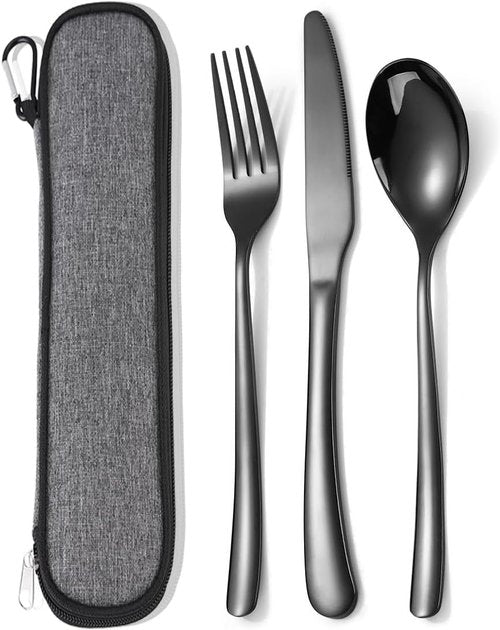 MURRI&MURRDI Stainless Steel Travel Cutlery Set - Reusable 3-Piece Flatware with Case | Black