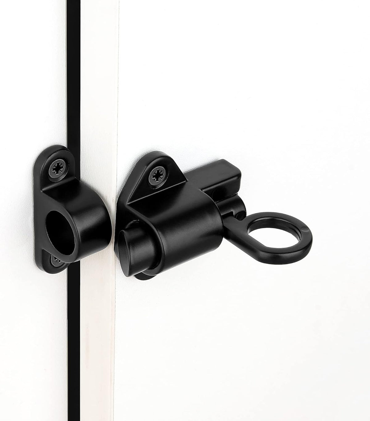 4 Packs Self-Closing Latches，Black Spring Door Lock，Resilient Bolt Latch Aluminum Alloy Safety Automatic Spring Barrel Slide Door Lock with Screws,Used for Gate,Window and Cabinet etc
