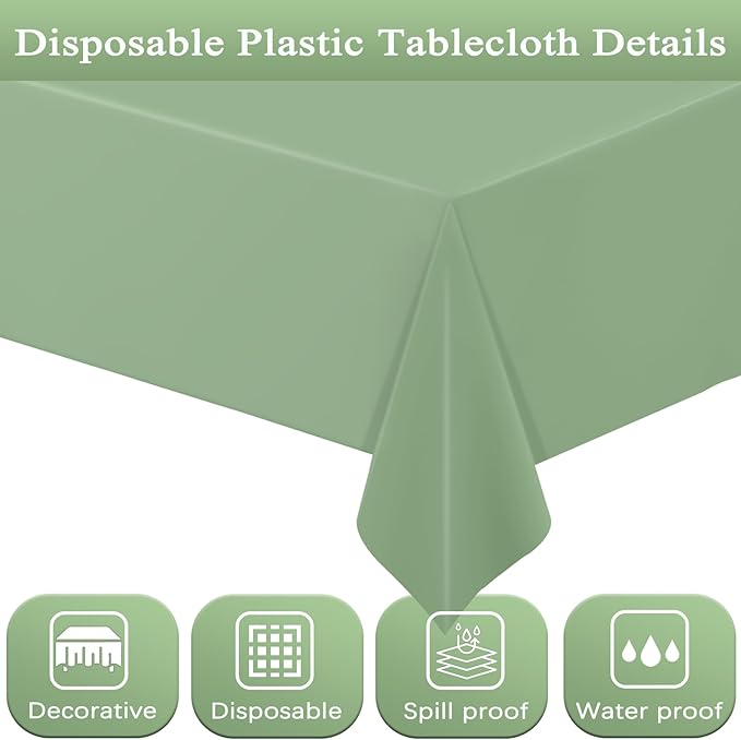 WNINK 6 Pcs Sage Green Plastic Tablecloth for Rectangle Tables Waterproof Green Disposable Table Cover Green Tablecloths for Birthday Wedding Bridal Shower Engagement Parties (54 x 108 Inch)
