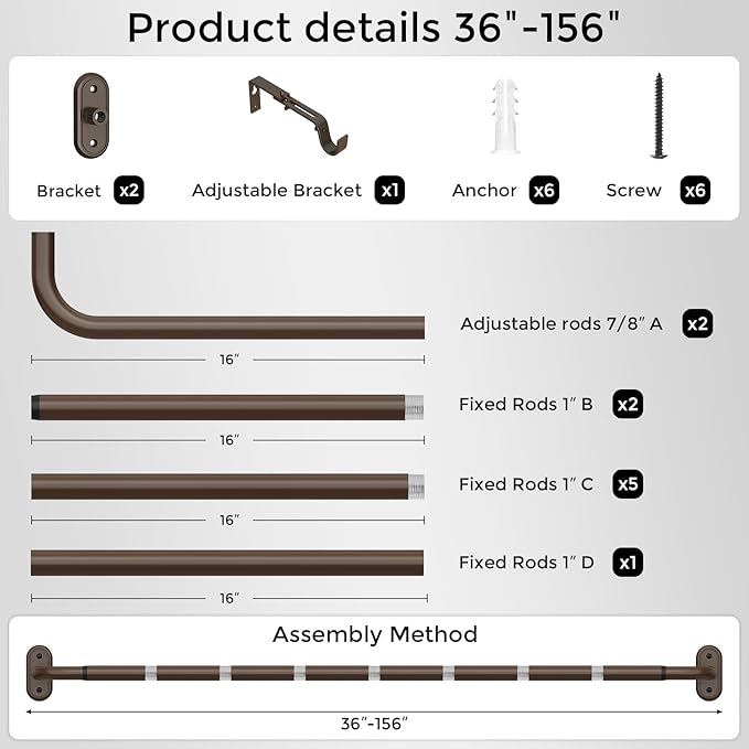 Curtain Rods 36-152 Inch, Bronze Wrap Around Blackout Curtain Rods