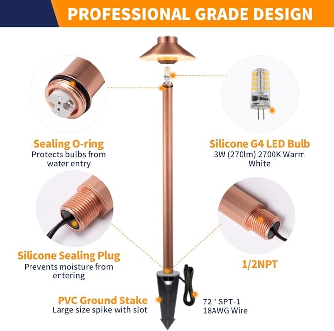 Brass Path Lights Copper, Low Voltage LED Landscape Pathway Lights, 12V Outdoor Waterproof Landscape Lighting(Hat) for Walkway Driveway Garden Yard with 3W 2700K Warm White LED G4 Bulb