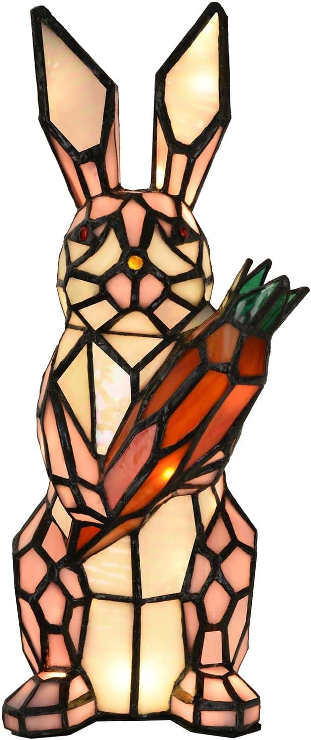 Bieye L10949 Rabbit Holds Carrot Tiffany Style Stained Glass Accent Table Lamp for Home Decor (Pink)