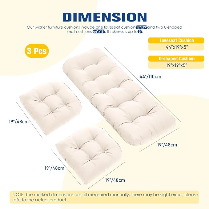 Patio Furniture Cushions Outdoor, Waterproof Wicker Chair Cushions Set of 3, 1 Loveseat & 2 Seat Pads, Thick Outdoor Replacement Cushions for Porch Lawn Bench Couch Sofa Swing, Beige