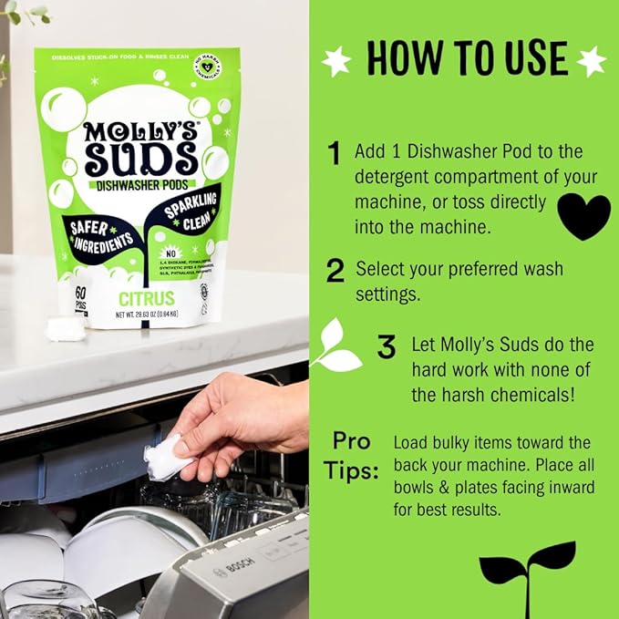 Molly's Suds Dishwasher Pods | Clean Dishwasher Detergent, Cuts Grease & Rinses Clean (Residue-Free) for Sparkling Dishes | 60 Auto-Release Tabs (Citrus)