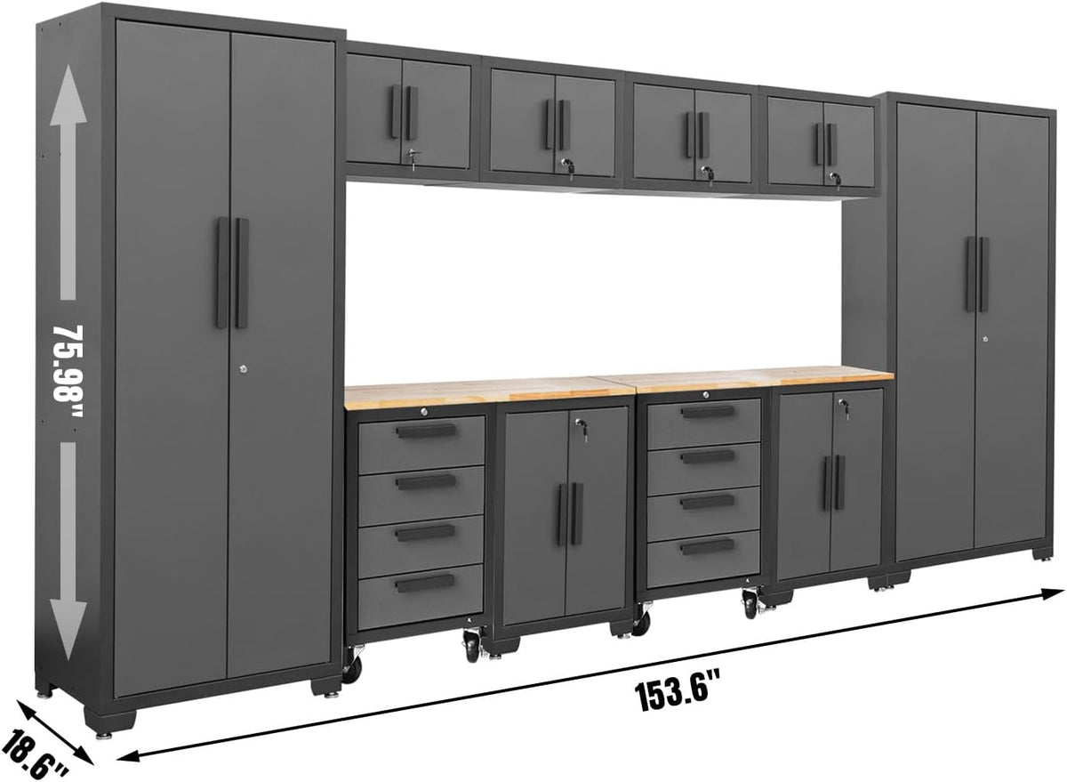 Torin Garage Storage Cabinet Set - 12 Piece Tool Organizer with Lockers, Shelves & Workbench | Black/Grey