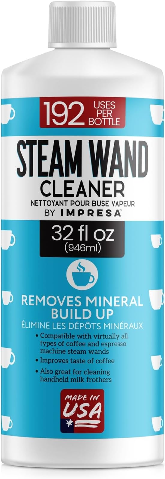 IMPRESA 32 oz Steam Wand Cleaner, Removes Mineral Buildup and Milk Protein Residue in Steam Wands, Milk Frothers, and Stainless-Steel Pitchers, Up to 192 Uses, Barista Cleaning Tool