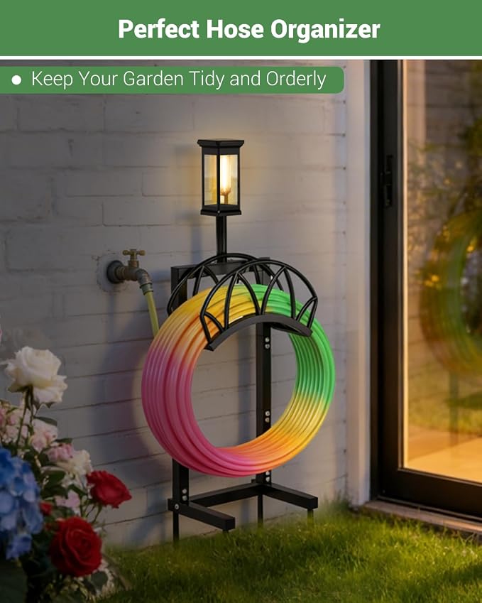 HZE Garden Hose Holder, Freestanding Water Hose Reel Stand for Outside with Solar Light, Heavy Duty Detachable Metal Storage Rack Holds 160 FT for Yard Lawn Farm, Black