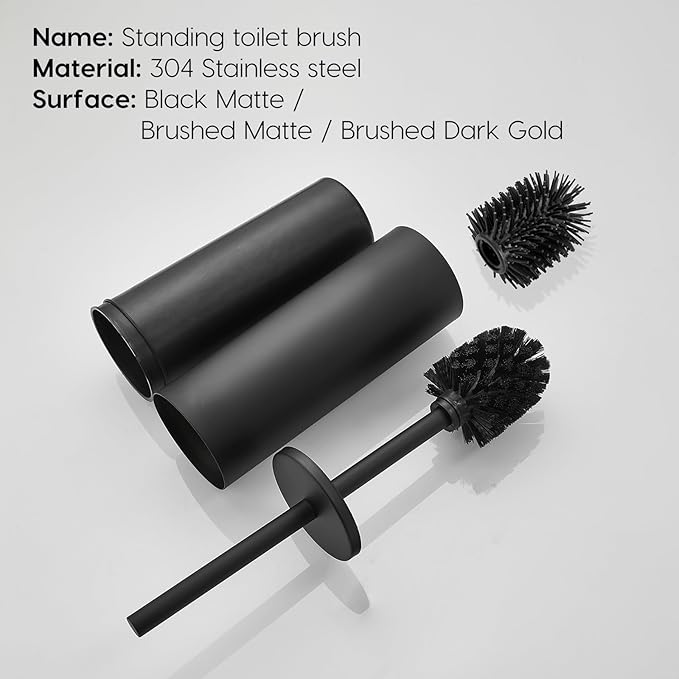 Toilet Bowl Brush Stainless Steel Black Toilet Brush and Holder Set Premium Toilet Brush Freestanding Includes 2 Brush Heads - Enclosed Concealed Design (Black)