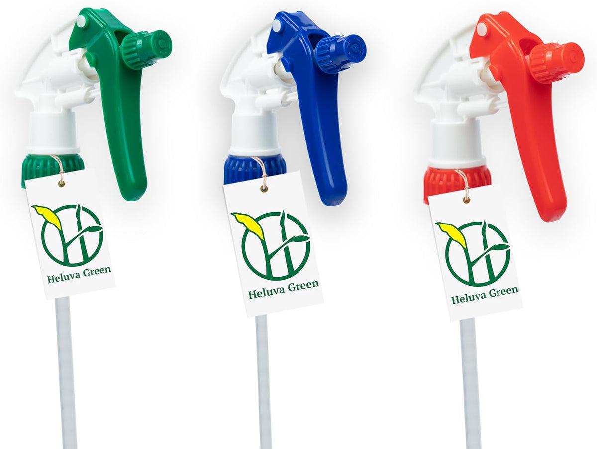 Heluva Green Spray Bottle Nozzle Replacement, Bottle Tops Only - Sprayer Nozzle Triggers for Heavy Duty, Commercial, Home Cleaning Solutions - Fits 8,16,24,32 oz Plastic & Glass Bottles, Mixed 3 pack