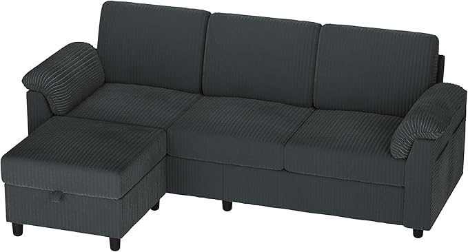 Vongrasig 79" Convertible Sectional Couches Sofa with Storage Ottoman, 3 Seat L Shaped Couch with Side Storage Pockage, Small Couches for Living Room, Apartment and Small Space, Grey