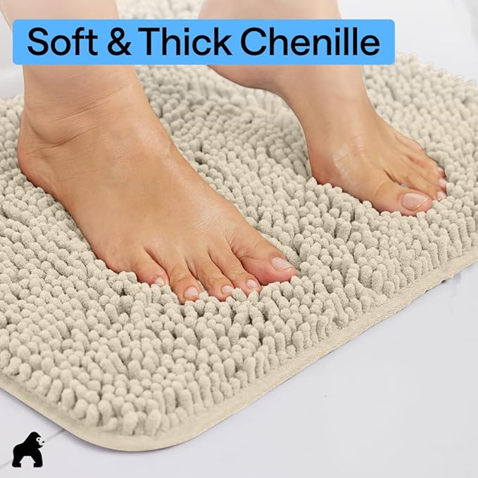 GORILLA GRIP Plush Absorbent Shaggy Chenille Bath Rug Mat for Square Toilet Base with Rubber Backing, Machine Washable Rugs, Soft Microfiber Contour Mats for Toilets, Bathroom Decor, Sand