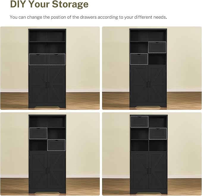 TEENFON Storage Cabinet with Doors & 2 Drawers, Kitchen Cabinet with Adjustable Shelf, Pantry Cabinets, Bathroom Cabinets, for Living Room, Entryway, Home Office, Black
