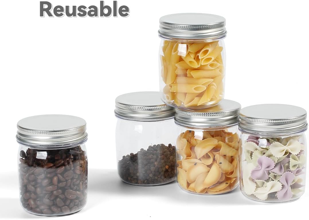 Plastic Mason Jars Reusable Storage Containers with Silver Airtight Lid 8 Ounce Clear Jars for Dry Foods, Coffee,BPA Free (16 Pack-Sliver)