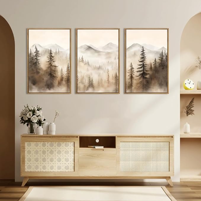 IARTTOP Large Mountain Forest Framed Canvas Wall Art 16x24 Inch Set of 3 Abstract Misty Woodland Painting Modern Farmhouse Art Prints for Living room Dining room