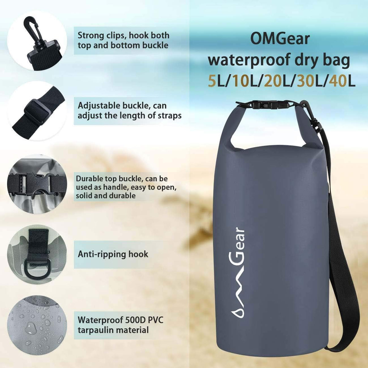 OMGear Waterproof Dry Bag Backpack - Floating Phone Pouch for Kayaking | Available in 40L, 30L, 20L, 10L, 5L Sizes